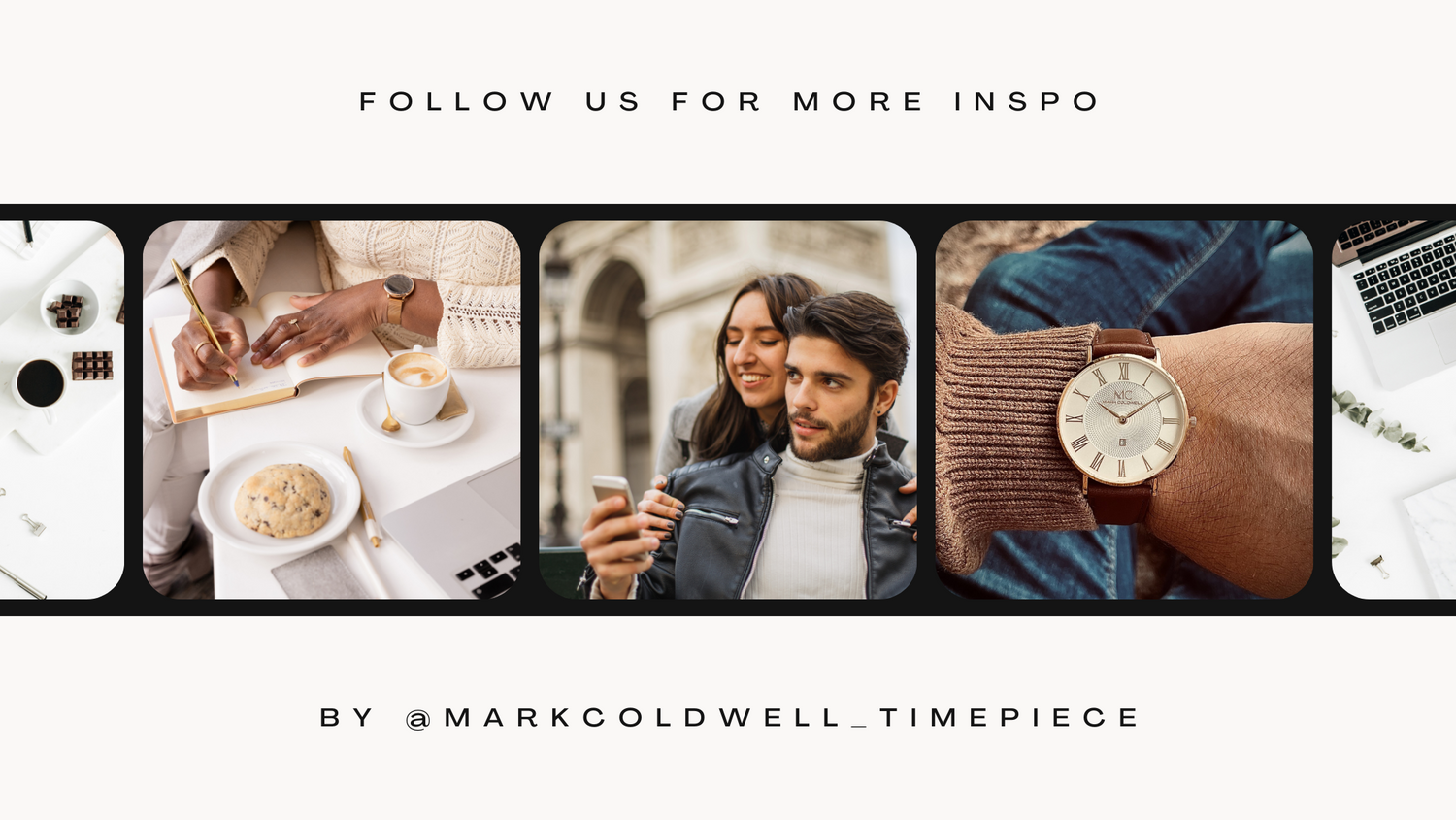 A group of people wearing the Mark Coldwell timepiece on their wrists, showcasing the watch's stylish design and versatility